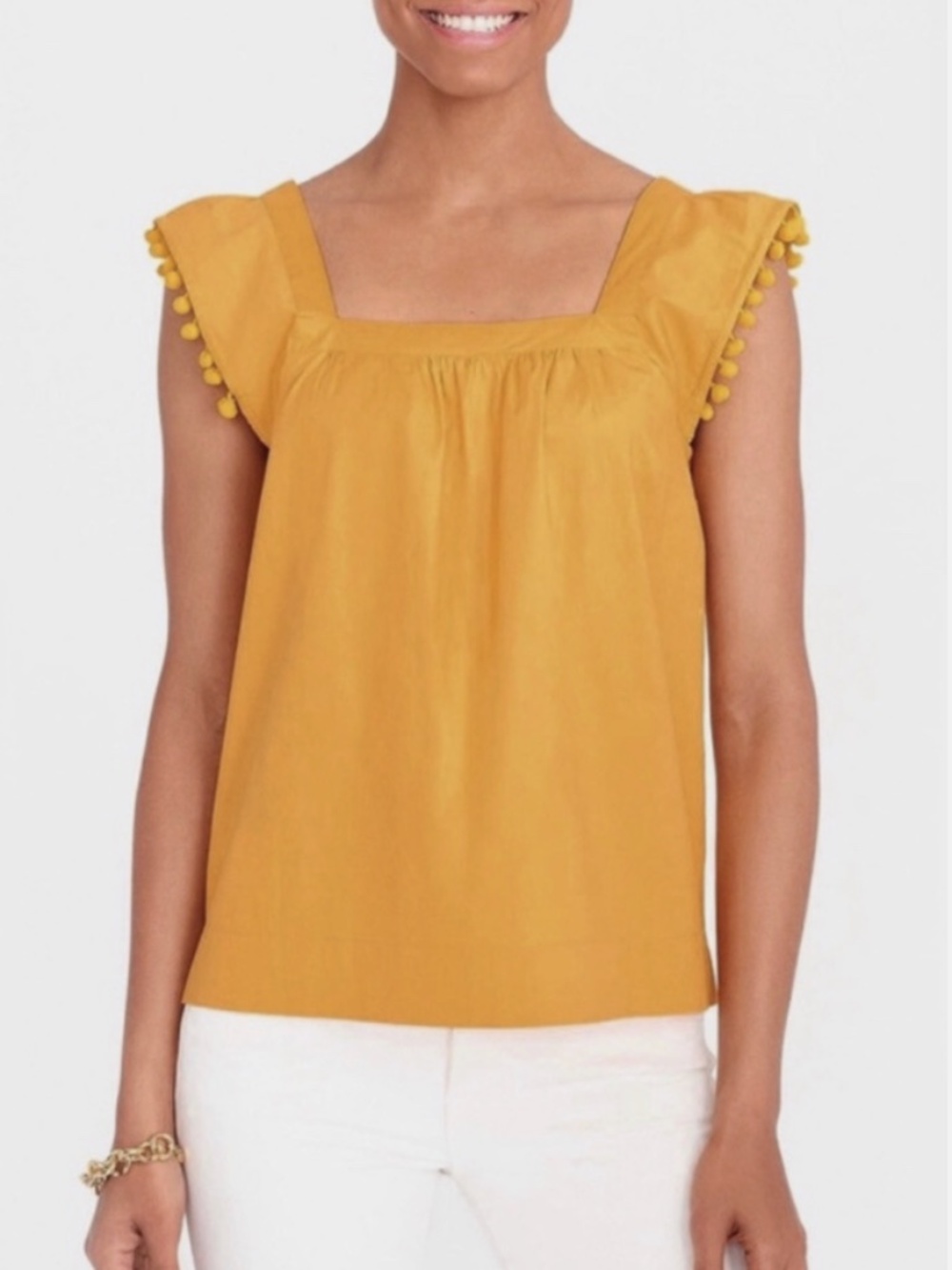 J. Crew Square-neck top in cotton poplin with pom-poms